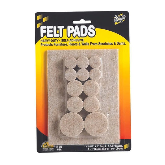 Felt Combo Pack, 1 ea. pad, 4 ea. 1 - 1/2", 8 ea. 1", 12 ea. 3/4", Self - adhesive, Beige, 25/Pack - Online Supply Closet